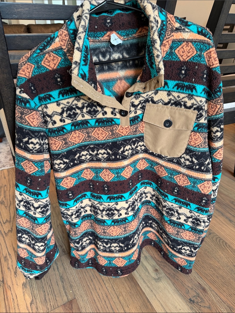 Cozy Patterned Pullover Sweater in Brown, Teal & Cream